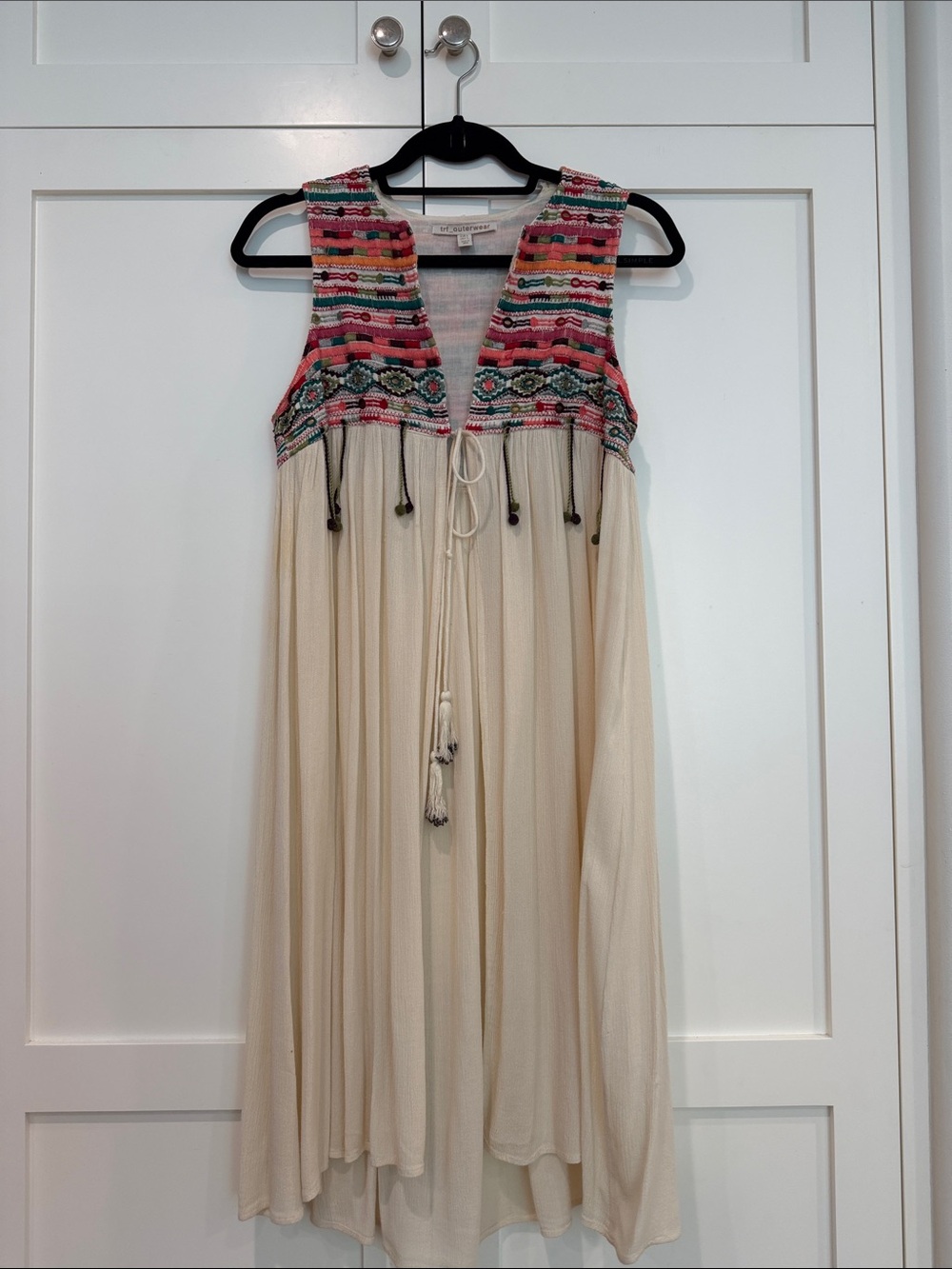 Boho Embroidered Ivory Maxi Dress with Colorful Yoke